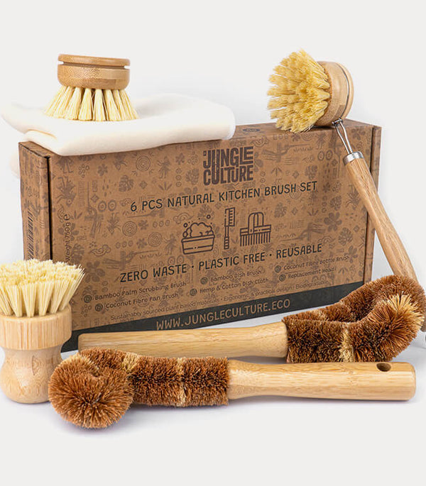 Natural Dish Brushes for Washing Up | Plant Based Kitchen Scrubber Brush (6 Piece Starter Set)-0